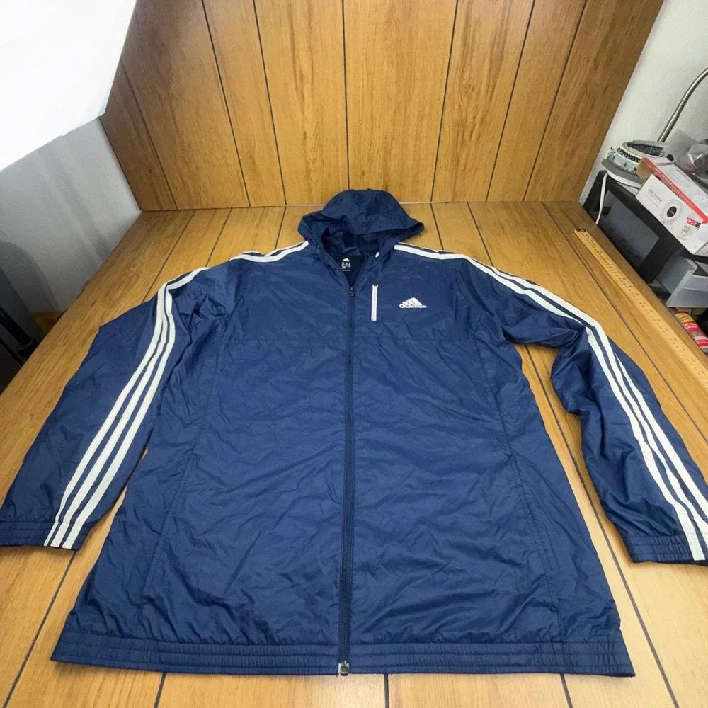 Adidas Mens Navy Blue 3-Stripe Hooded Windbreaker Jacket Mesh Lined‎ XLT